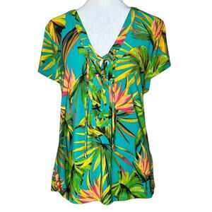 INC Lace Up Tie Blouse L Teal Tropical Birds Of Paradise Stretch Jersey Knit Top